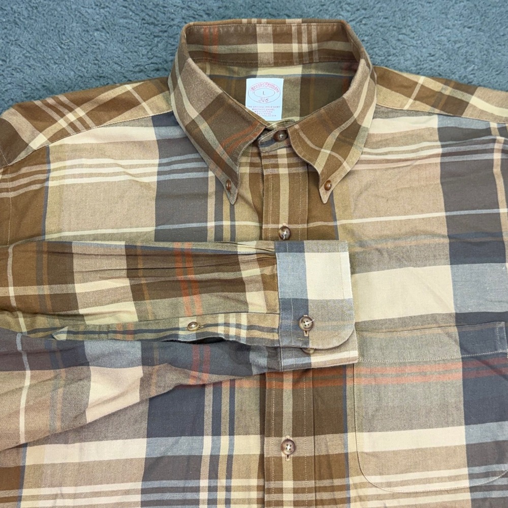 Brooks Brothers Shirt Mens L Brown Plaid Brooksflannel Cotton Wool Button Down